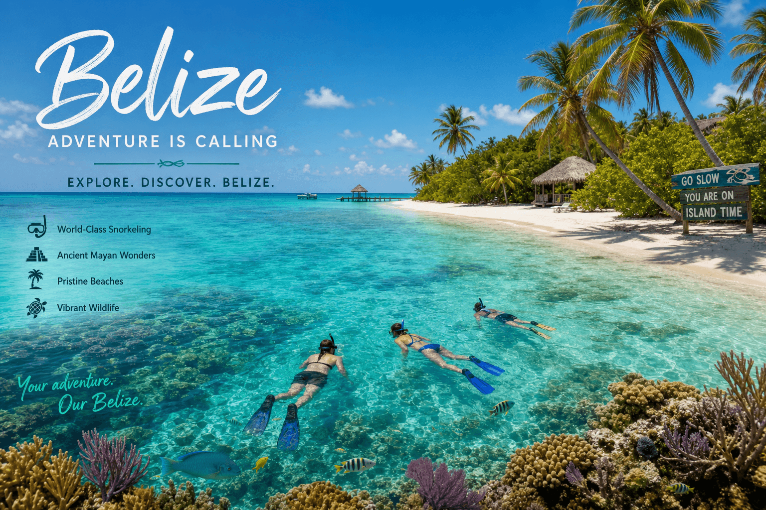 A serene Caribbean beach scene with clear waters, palm trees, and snorkelers near a coral reef, promoting Belize travel.