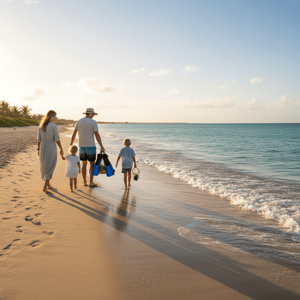Family walking along a quiet Belize beach in late afternoon sunlight