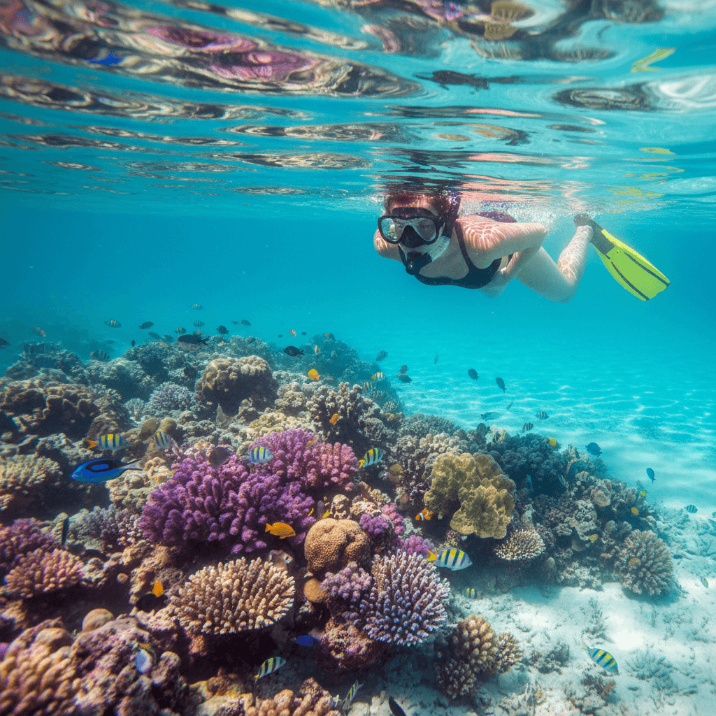 Snorkeler observing coral reef and tropical fish in Belize