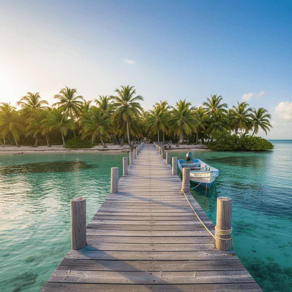Scenic wooden dock on the Belize coast with turquoise water and palm trees