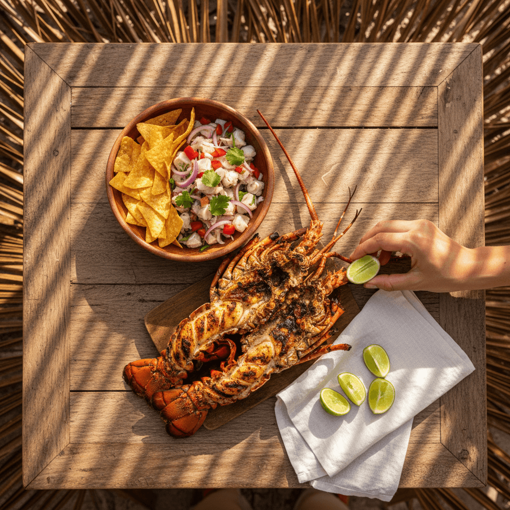 Fresh Belizean seafood spread on a table under a thatched palapa