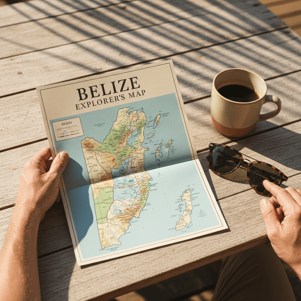 Hands holding an open paper map of Belize on a wooden table