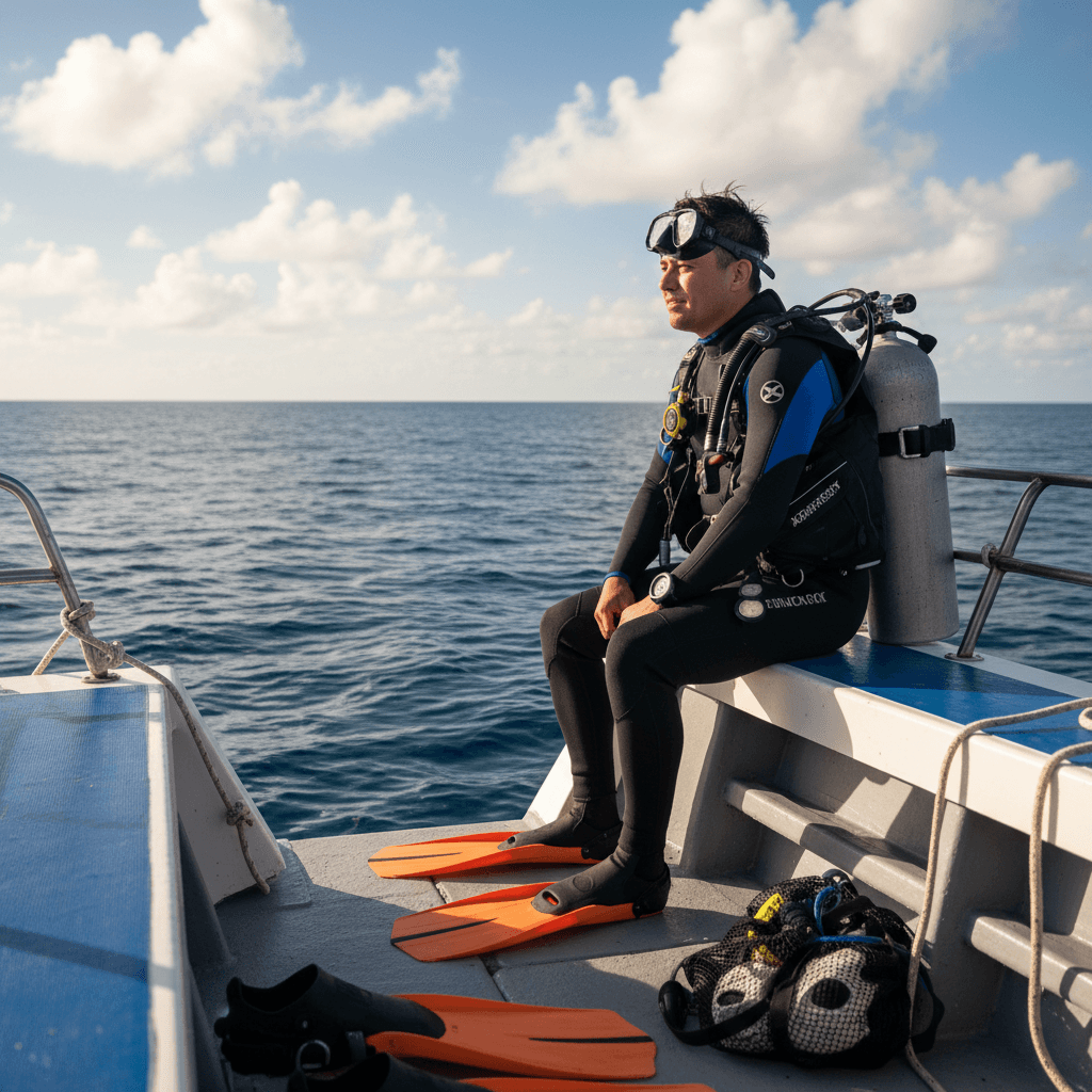 Diver in scuba gear sitting on the edge of a dive boat in Belize